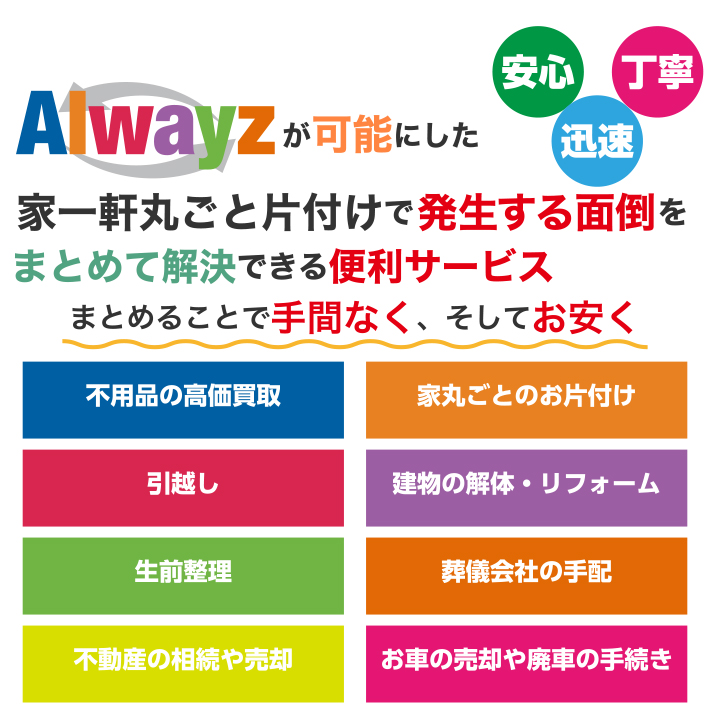 Alwayz（オルウェイズ）は関東（神奈川、東京、埼玉、千葉、山梨）、東海（静岡、愛知）、中部（岐阜、三重）のお客様の家（戸建）一軒丸ごとお片付けに関わるすべての悩みを解決します。